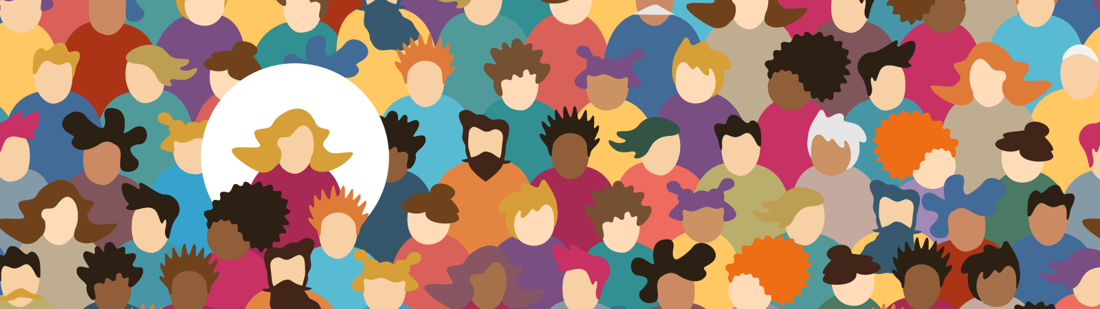 Illustration mit vielen Menschen, von denen eine hervorgehoben ist.